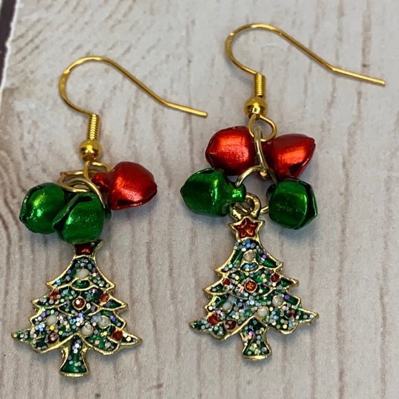 Holiday Christmas Tree Bells Dangling Earrings - Picture 2 of 6